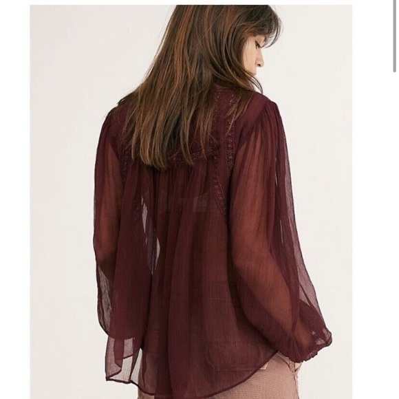 FREE PEOPLE Long Live Love Sheer Button-Down Blouse, Maroon Red - Picture 3 of 9